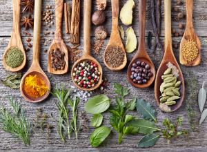 An array of spices and herbs.